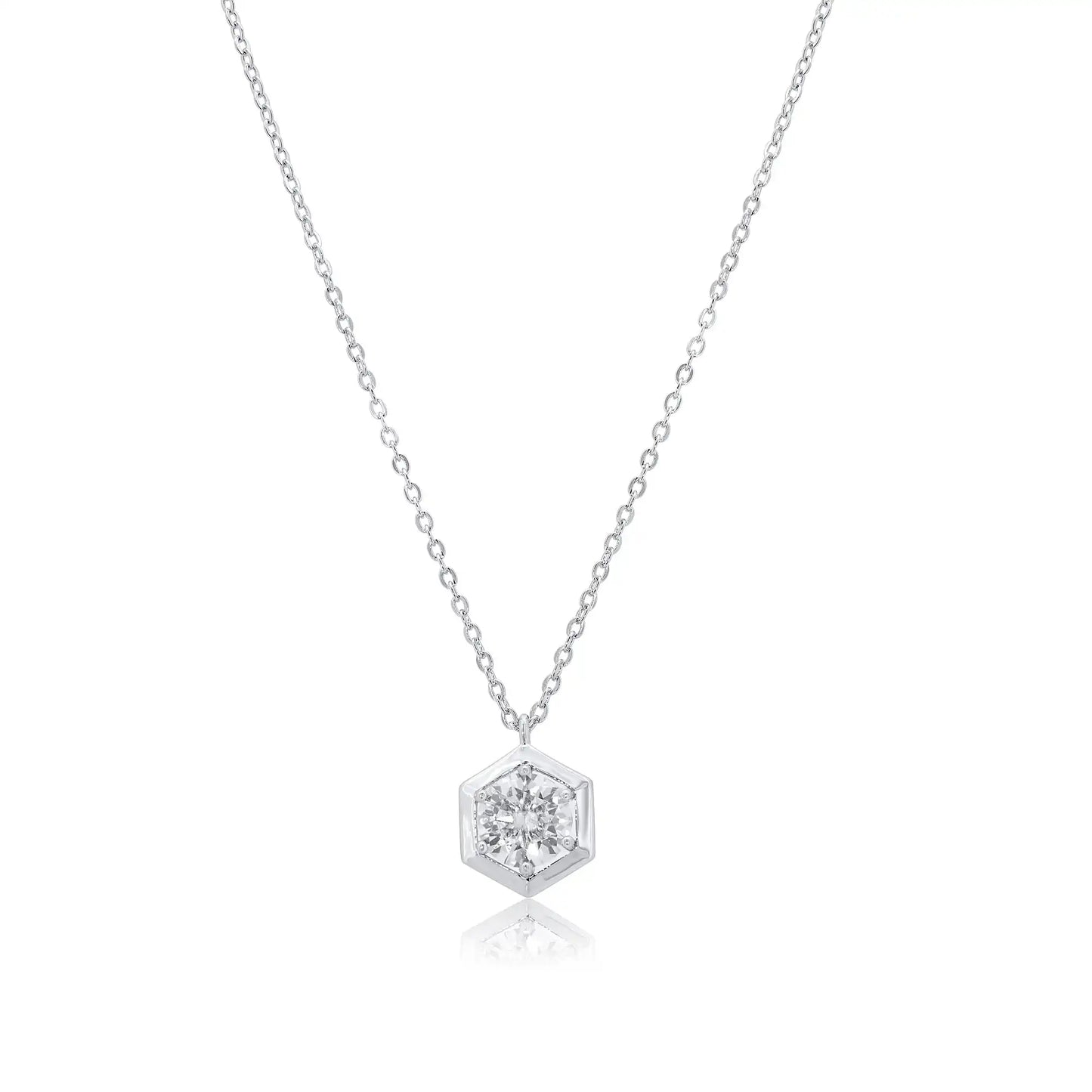 925 Sterling Silver Rhodium Plated Round Moissanite Hexagon Frame Adjustable Pendant Necklace