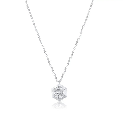 925 Sterling Silver Rhodium Plated Round Moissanite Hexagon Frame Adjustable Pendant Necklace