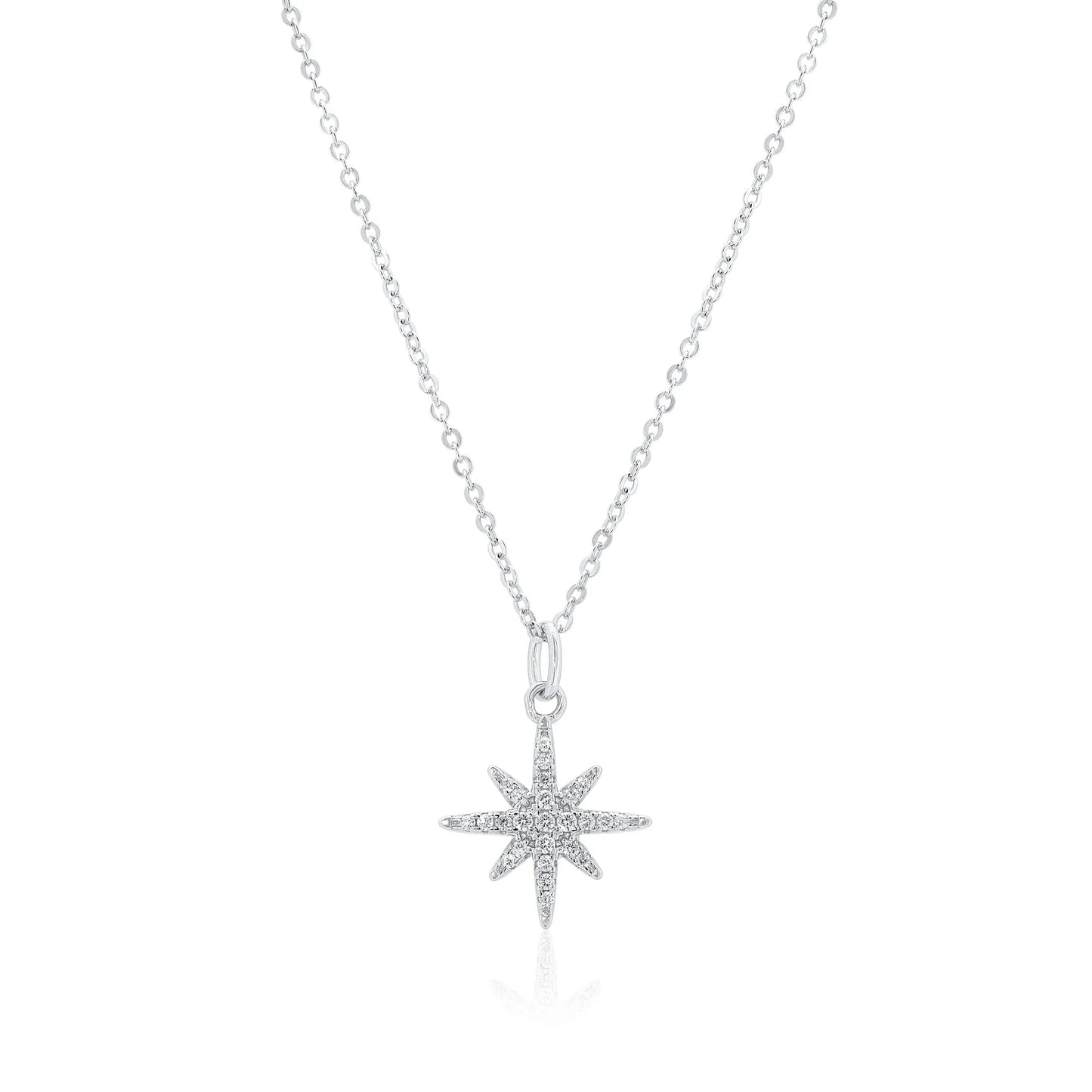 925 Sterling Silver Rhodium Plated 14.5mm North Star Moissanite Studded Adjustable Pendant Necklace