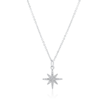 925 Sterling Silver Rhodium Plated 14.5mm North Star Moissanite Studded Adjustable Pendant Necklace