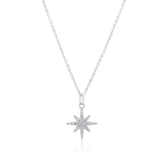 925 Sterling Silver Rhodium Plated 14.5mm North Star Moissanite Studded Adjustable Pendant Necklace