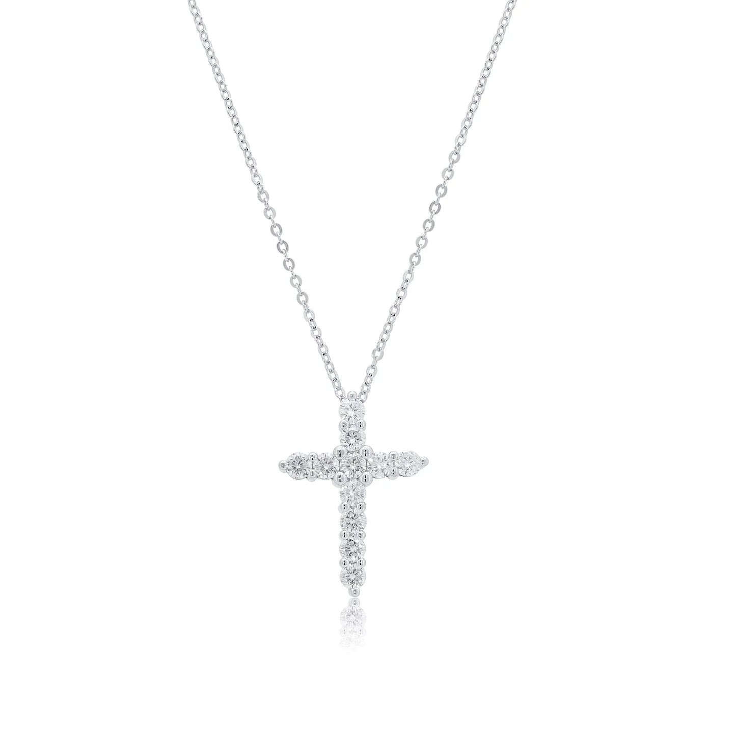 925 Sterling Silver Rhodium Plated 17mm x 23.5mm Cross Moissanite Studded Adjustable Pendant Necklace