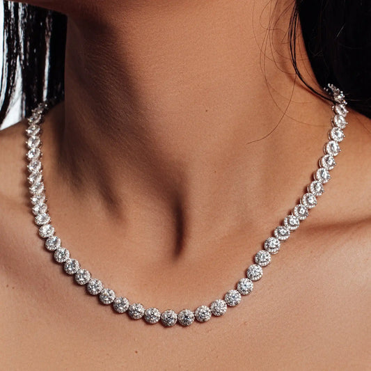 925 Sterling Silver Rhodium Plated Moissanite Stone Halo Tennis Necklace