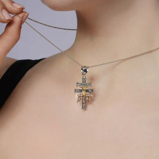 925 Sterling Silver Three-Tone Plated Moissanite Crucifix Cherubs Caravaca Pendant