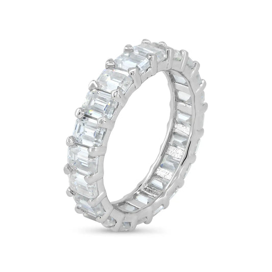 925 Sterling Silver Rhodium Plated Square Moissanite Stone Eternity Band Ring