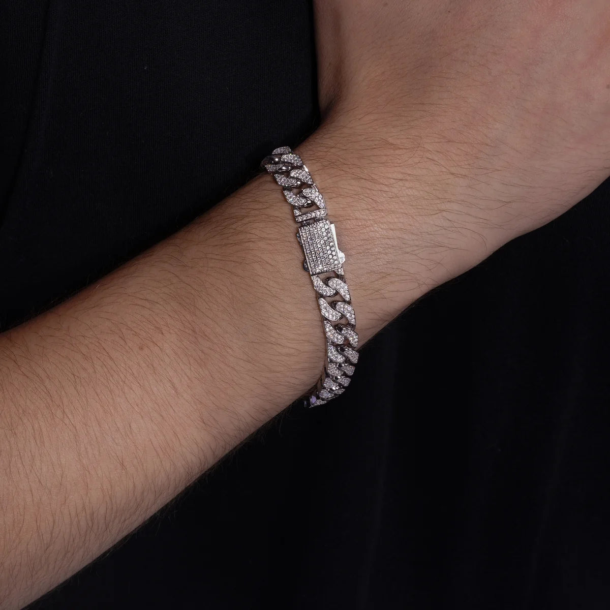 925 Sterling Silver Rhodium Plated Moissanite Pave Flat Cuban Link 10mm Bracelet