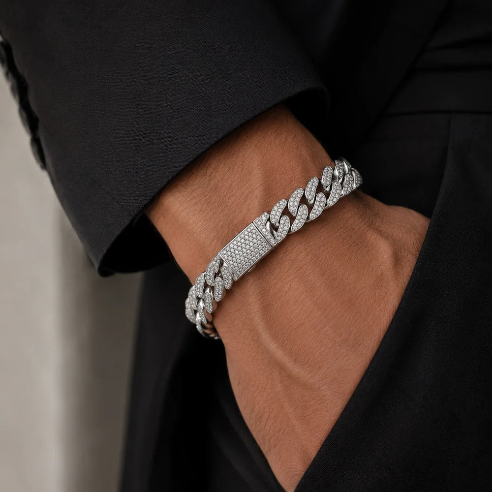 925 Sterling Silver Rhodium Plated Moissanite Pave Flat Cuban Link 10mm Bracelet