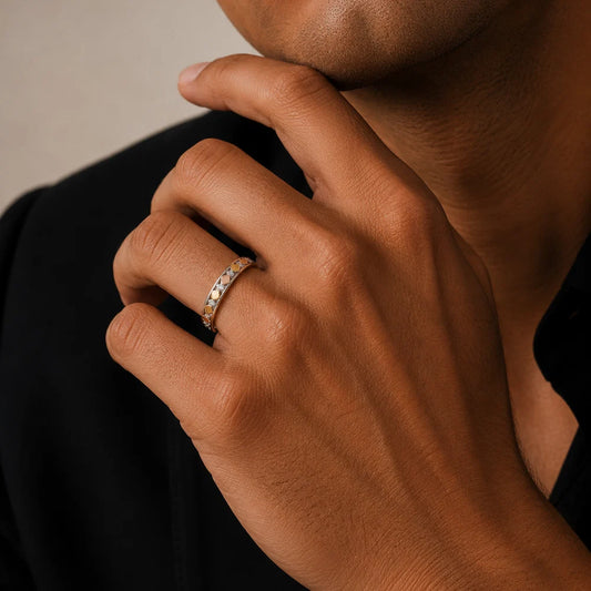 925 Sterling Silver Three-Tone Plated Moissanite Men's Faceted Geometric Ring