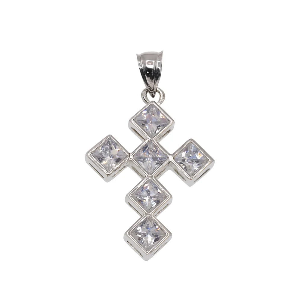 925 Sterling Silver Rhodium Plated Cross with Princess-Cut CZ Stones Pendant