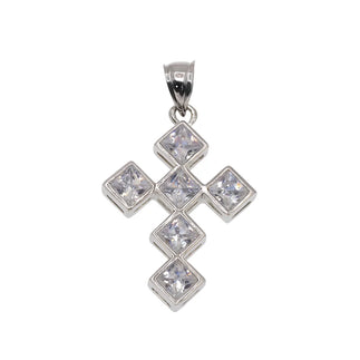 925 Sterling Silver Rhodium Plated Cross with Princess-Cut CZ Stones Pendant