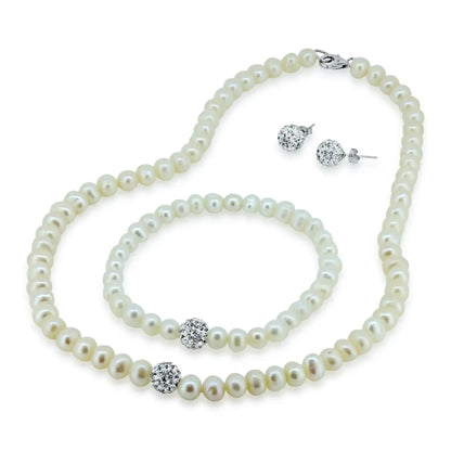 925 Sterling Silver Fresh Water White Pearl Set with CZ Encrusted Bead
