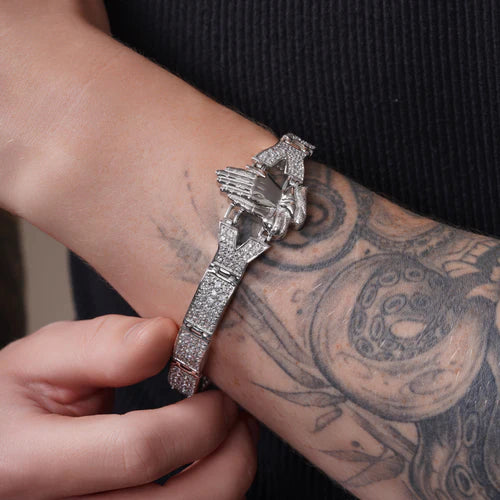 925 Sterling Silver Men's Rhodium Plated  CZ Prayer Hand's Bracelet- STBM017
