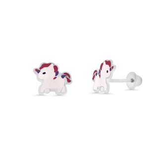 925 Silver High Polished Colored Enamel Unicorn Pony Earrings