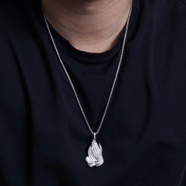 925 Sterling Silver Rhodium Plated Praying Hands Hip Hop Pendant