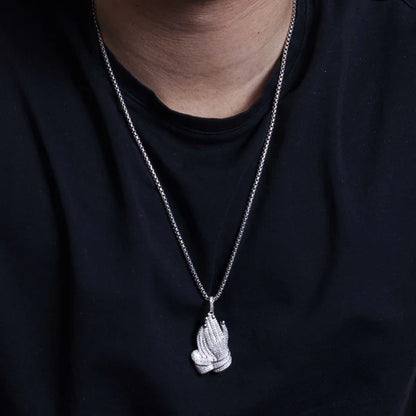 925 Sterling Silver Rhodium Plated Praying Hands Hip Hop Pendant