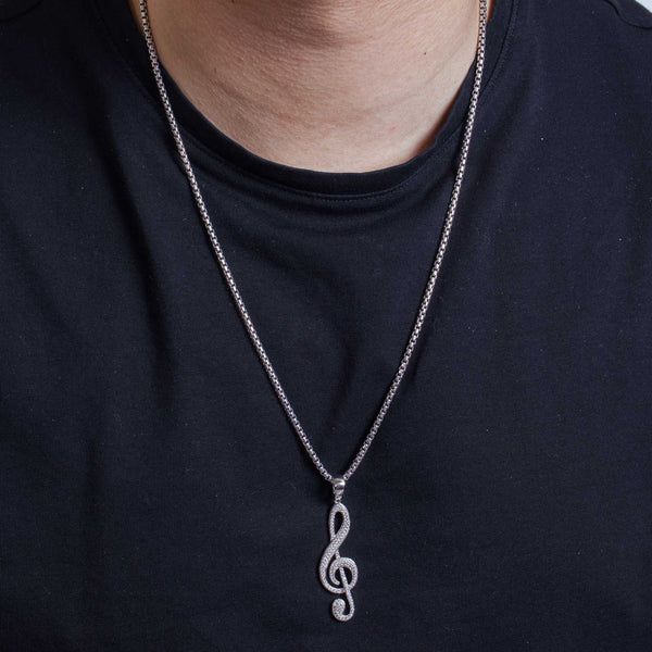 925 Sterling Silver Rhodium Plated Treble Clef Musical Note Hip Hop Pendant