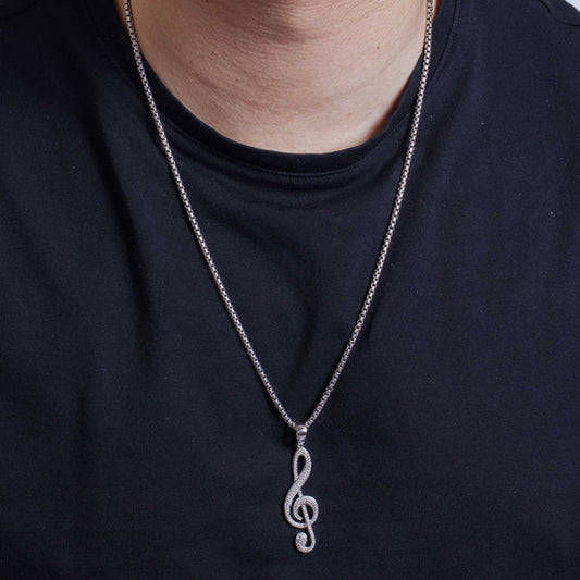 925 Sterling Silver Rhodium Plated Treble Clef Musical Note Hip Hop Pendant