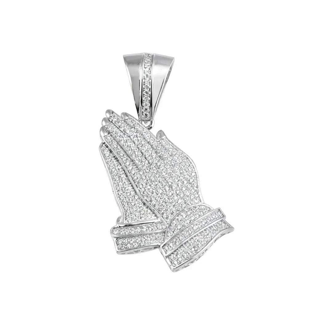 925 Sterling Silver Rhodium Plated Praying Hand CZ Hip Hop Pendant