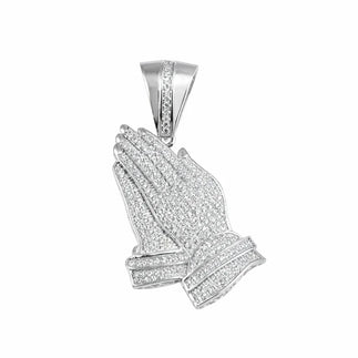 925 Sterling Silver Rhodium Plated Praying Hand CZ Hip Hop Pendant