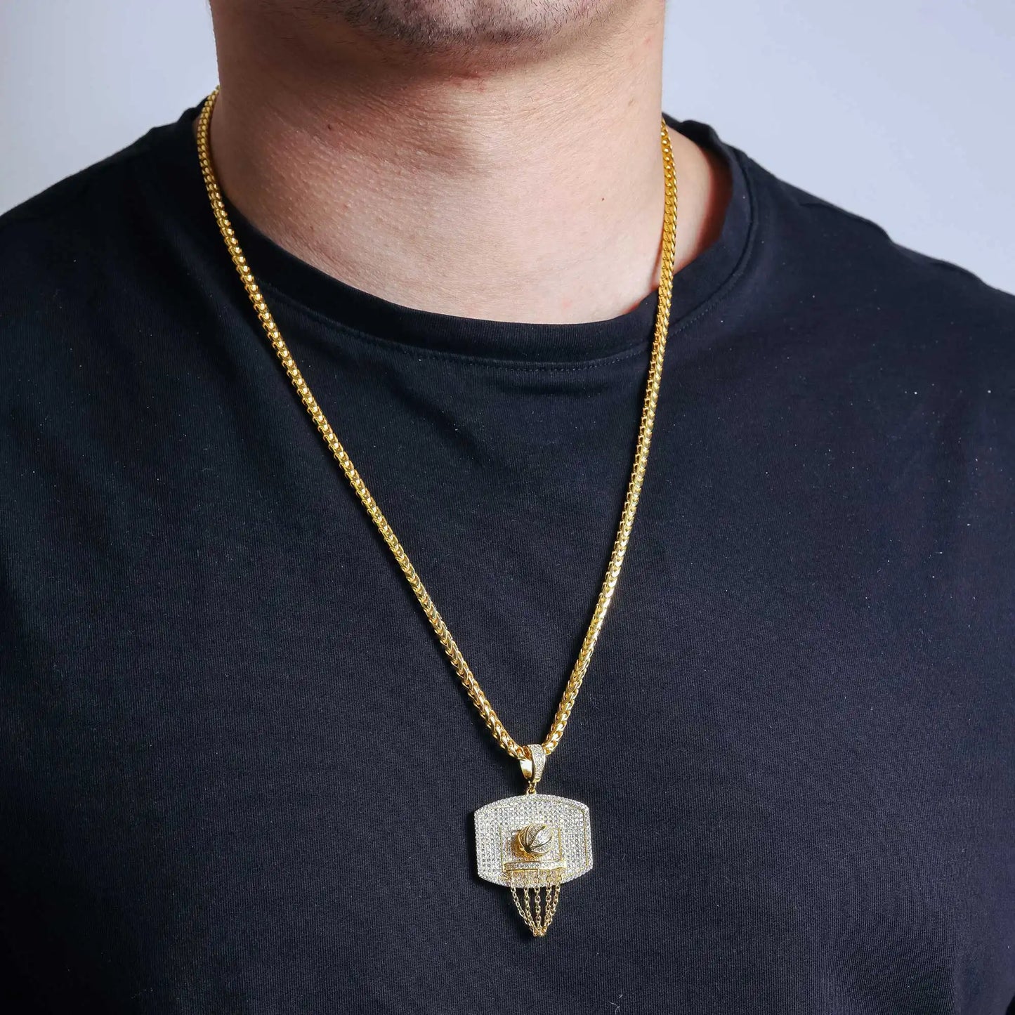 925 Sterling Silver Gold Plated CZ Basketball Hoop Hip Hop Pendant