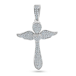 925 Sterling Silver Rhodium Plated CZ Encrusted Winged Cross Pendant