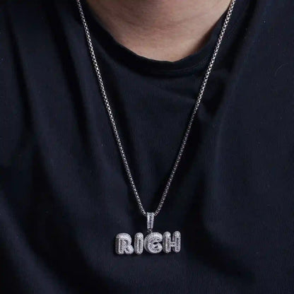 925 Sterling Silver Rhodium Plated CZ RICH Hip Hop Pendant