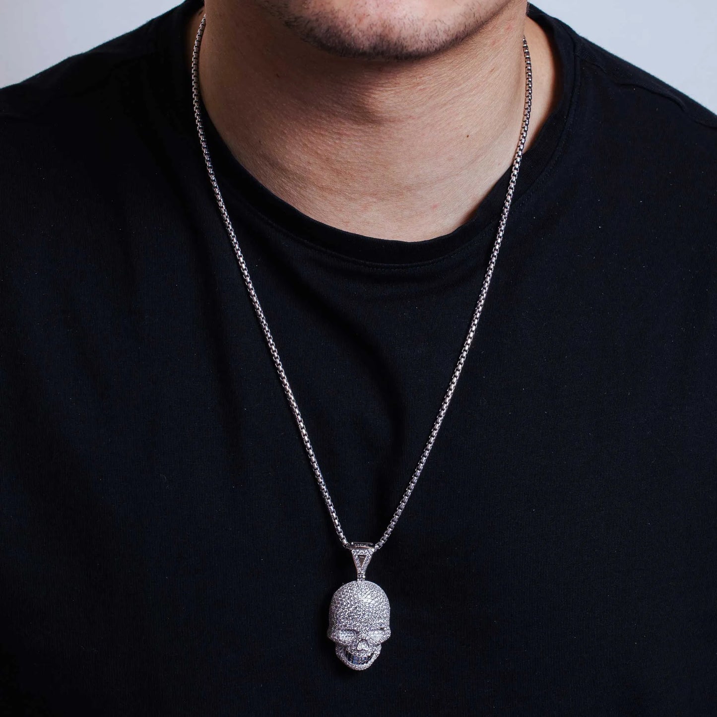 925 Sterling Silver Rhodium Plated CZ Encrusted Skull Hip Hop Pendant