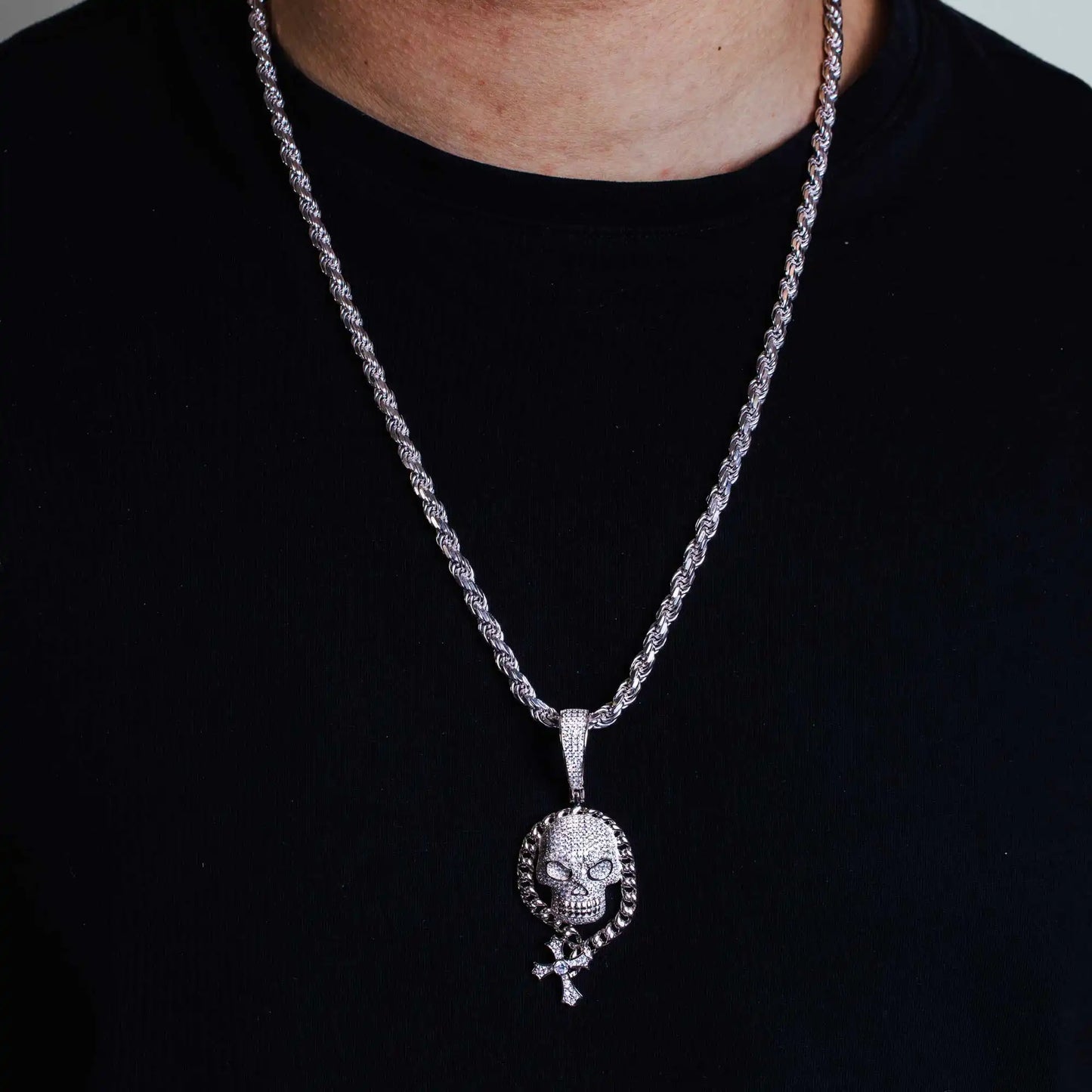 925 Sterling Silver Rhodium Plated CZ Skull Hip Hop Pendant