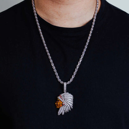 925 Sterling Silver Rhodium Plated CZ Native Chief Hip Hop Pendant