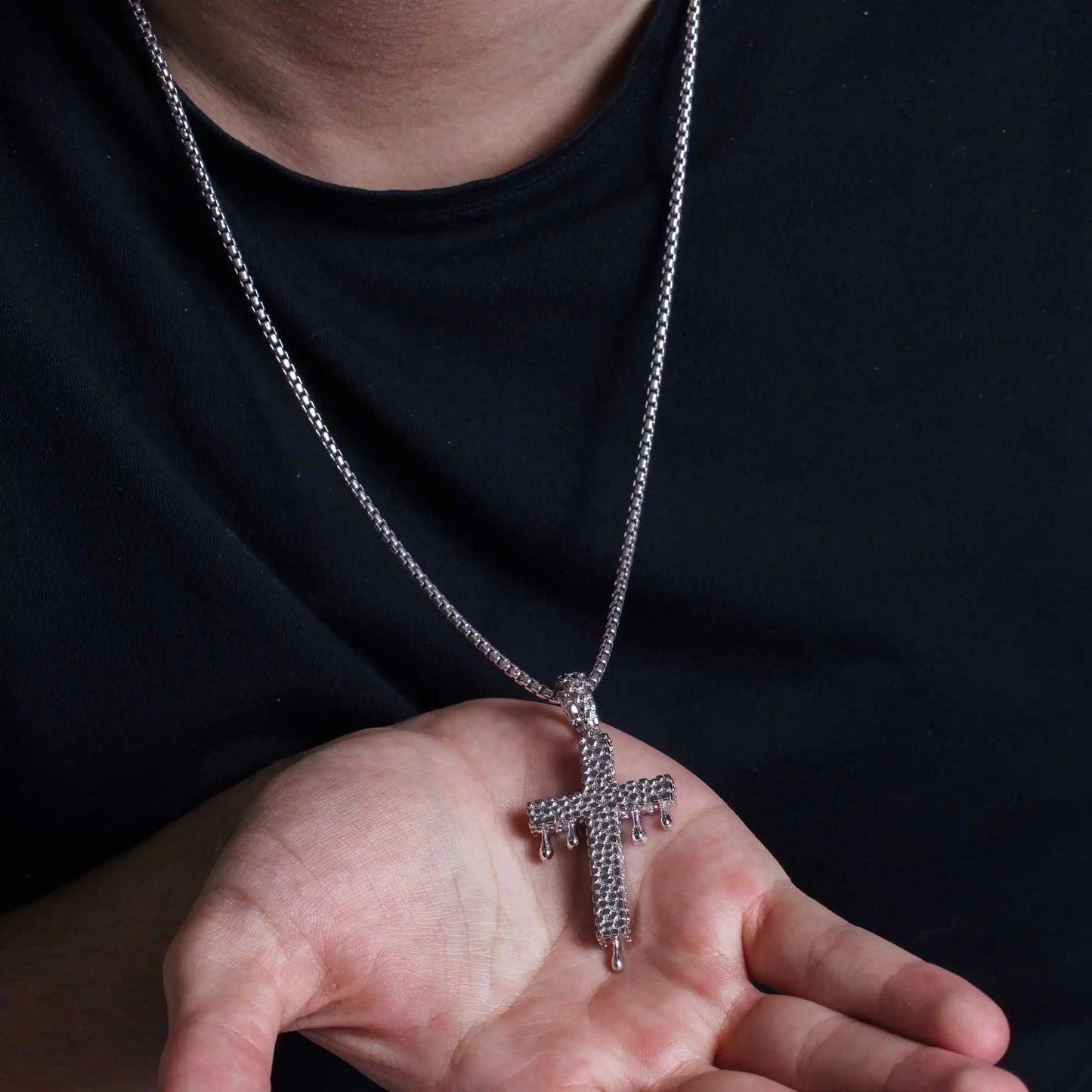 925 Sterling Silver Rhodium Plated CZ Dripping Cross Hip Hop Pendant