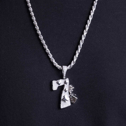 925 Sterling Silver Rhodium Plated CZ Lucky 7 Hip Hop Pendant