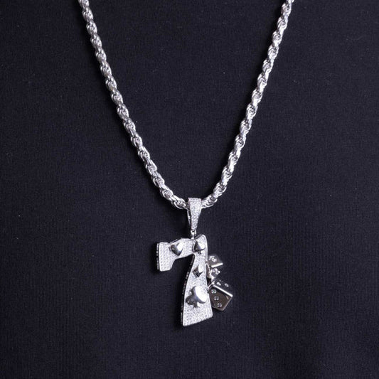 925 Sterling Silver Rhodium Plated CZ Lucky 7 Hip Hop Pendant