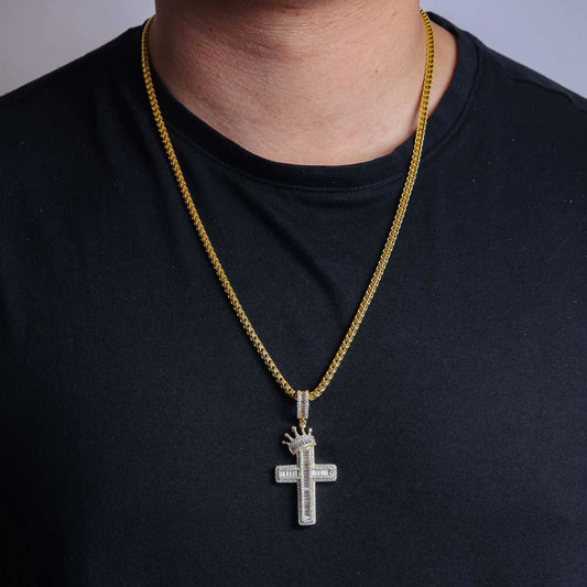 925 Sterling Silver Gold Plated CZ Crown Cross Hip Hop Pendant