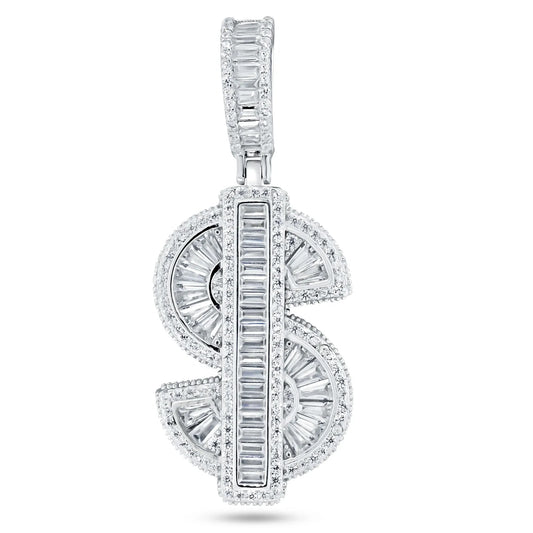 925 Sterling Silver Rhodium Plated Baguette CZ Dollar Sign Pendant