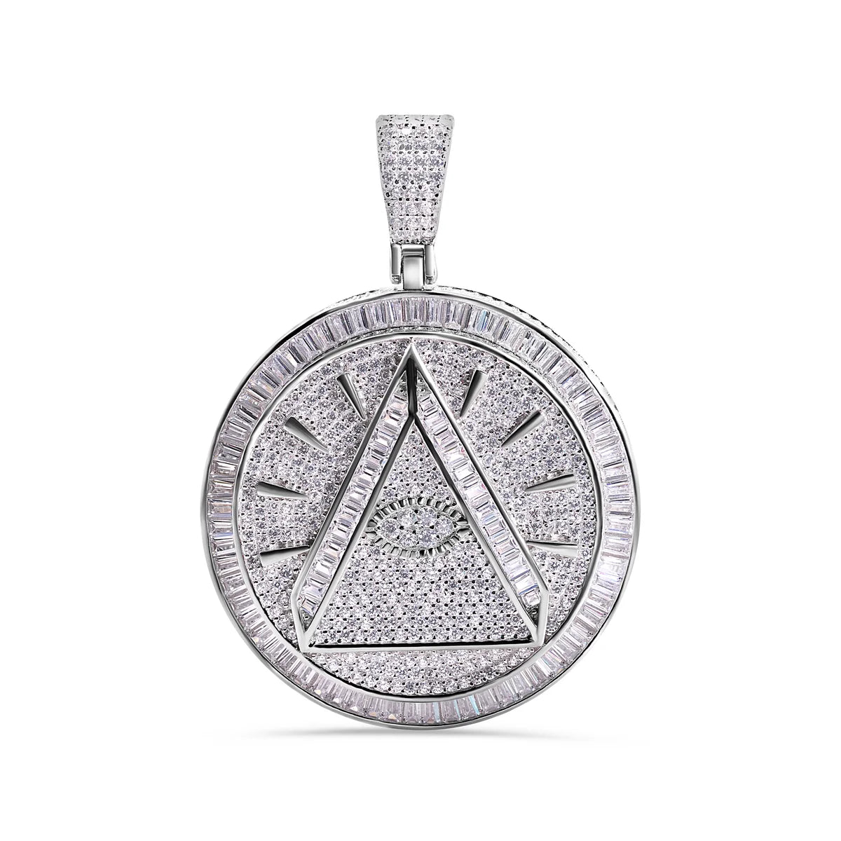925 Sterling Silver Rhodium Plated Round Illuminati Eye Baguette and Round CZ Pendant