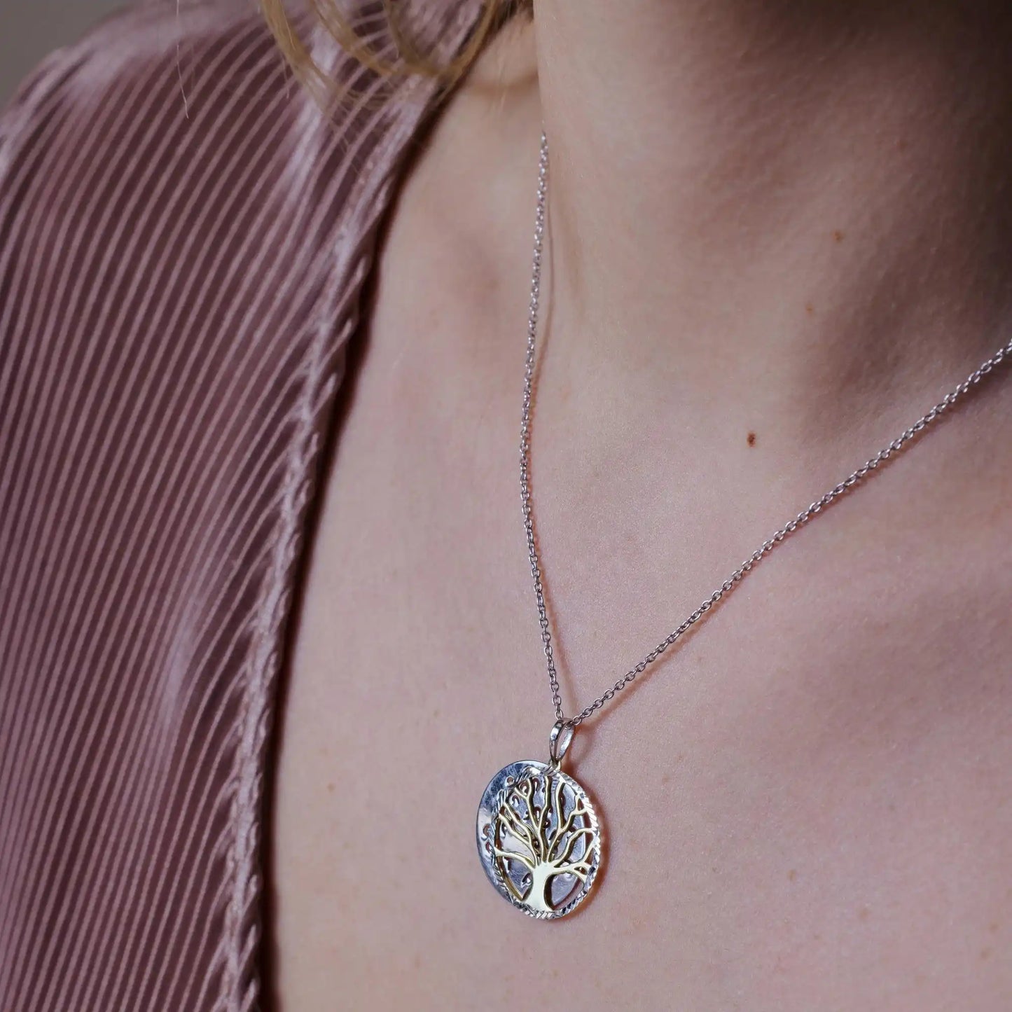 925 Sterling Silver Two-Tone Round Tree Pendant Necklace