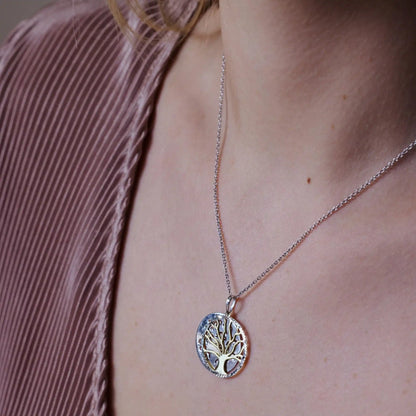 925 Sterling Silver Two-Tone Round Tree Pendant Necklace