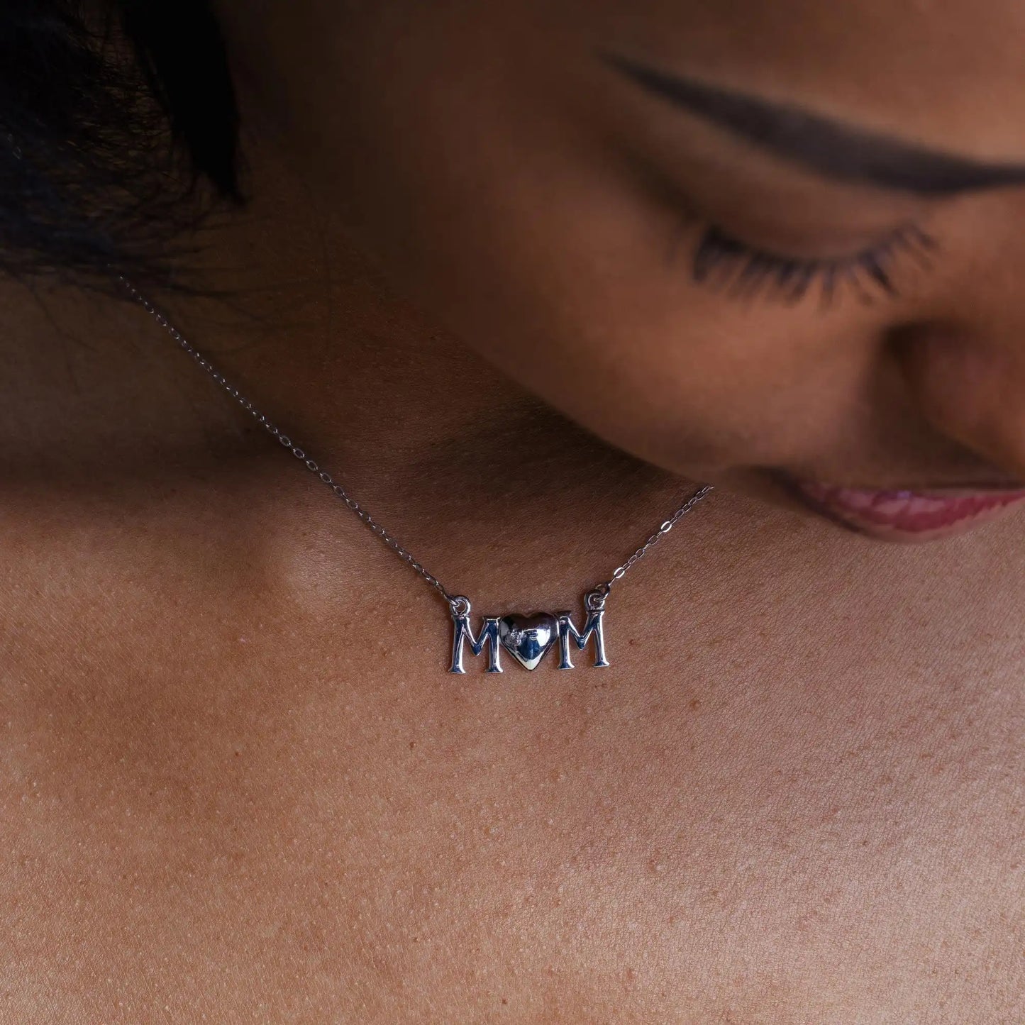925 Sterling Silver Rhodium Plated CZ MOM Necklace