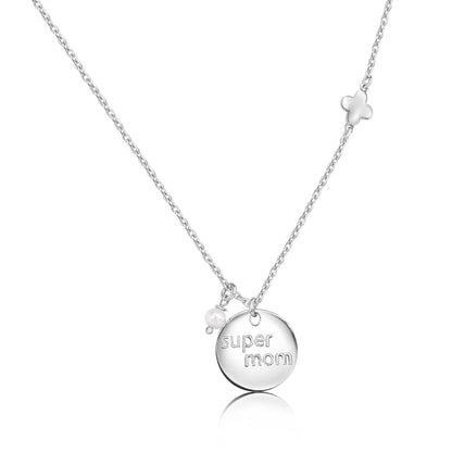 925 Sterling Silver Rhodium Plated Super Mom Four Leaf Clover and Pearl Necklace Pendant
