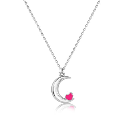 925 Sterling Silver Rhodium Plated Moon Pink Heart Enamel Necklace Pendant