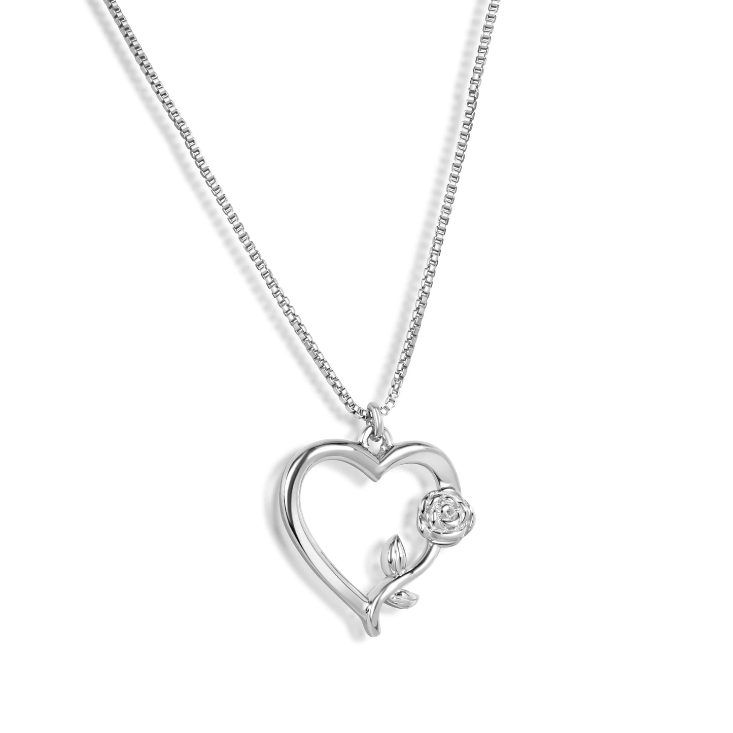 925 Sterling Silver Rhodium Plated Heart Rose Necklace Pendant