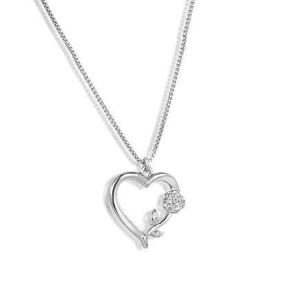 925 Sterling Silver Rhodium Plated Heart Rose Necklace Pendant