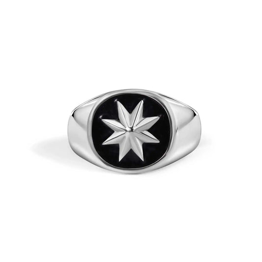 925 Sterling Silver High Polished Octagram Star Black Enamel Ring