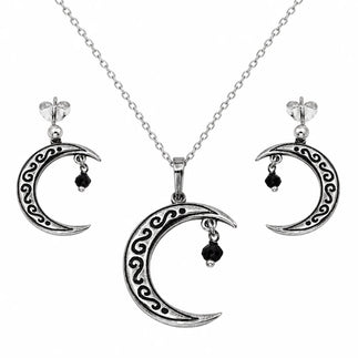 925 Sterling Silver Oxidized Designed Crescent With Hanging Black CZ Set