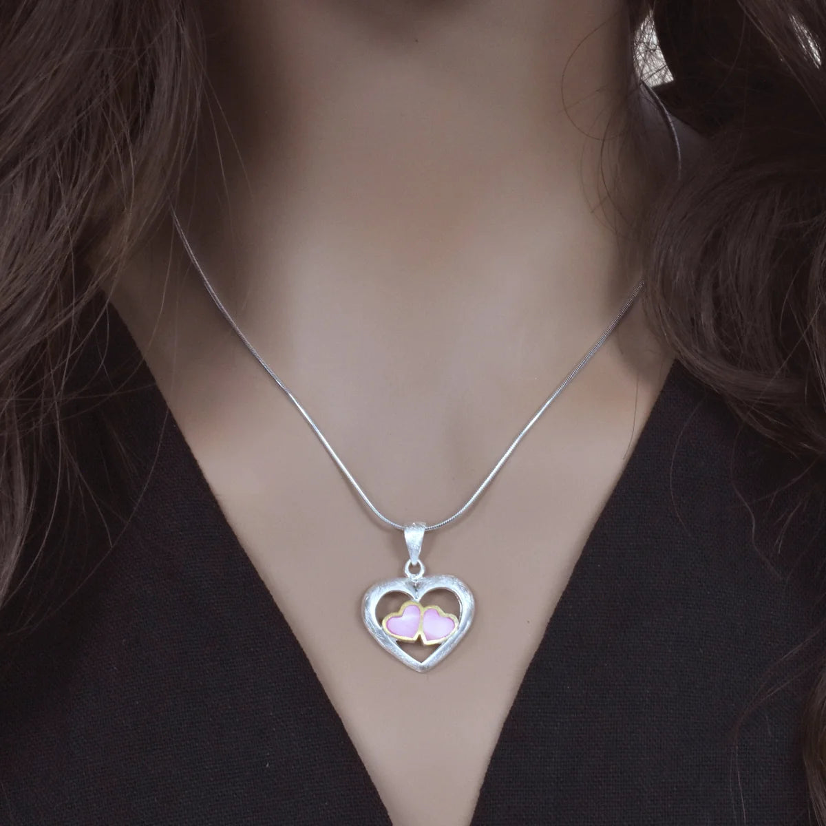 925 Sterling Silver Clearance-2 Tone Pink Mother of Pearl Triple Heart Pendant