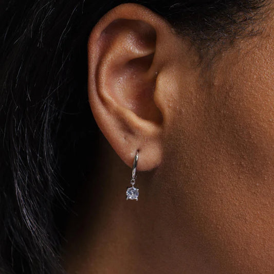 925 Sterling Silver 12.5mm Dangling Clear CZ Hoop Earring