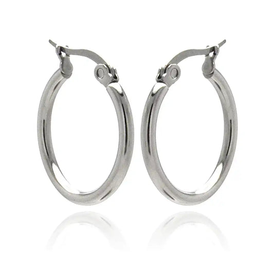 Stainless Steel Rhodium Plated Plain Hoop Earrings