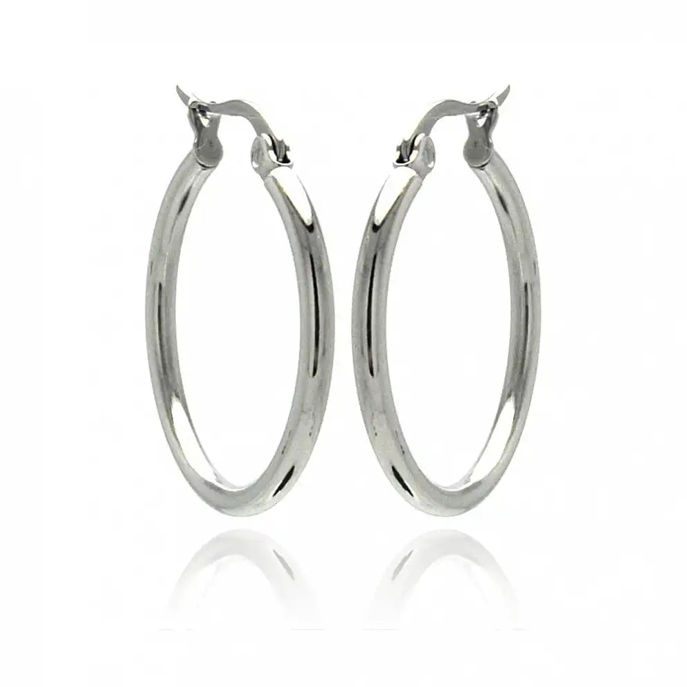 Stainless Steel Rhodium Plated Plain Hoop Earrings
