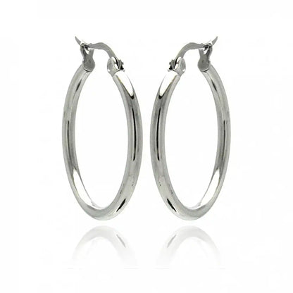 Stainless Steel Rhodium Plated Plain Hoop Earrings