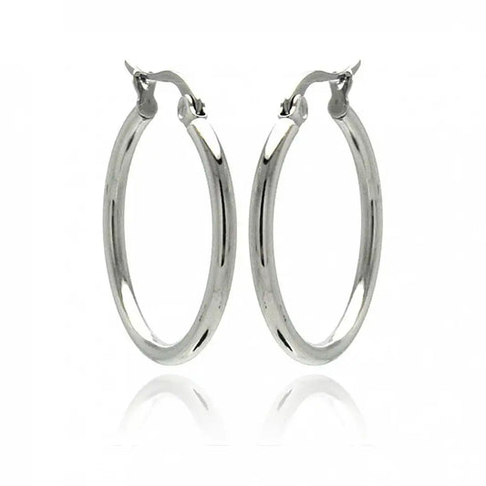 Stainless Steel Rhodium Plated Plain Hoop Earrings